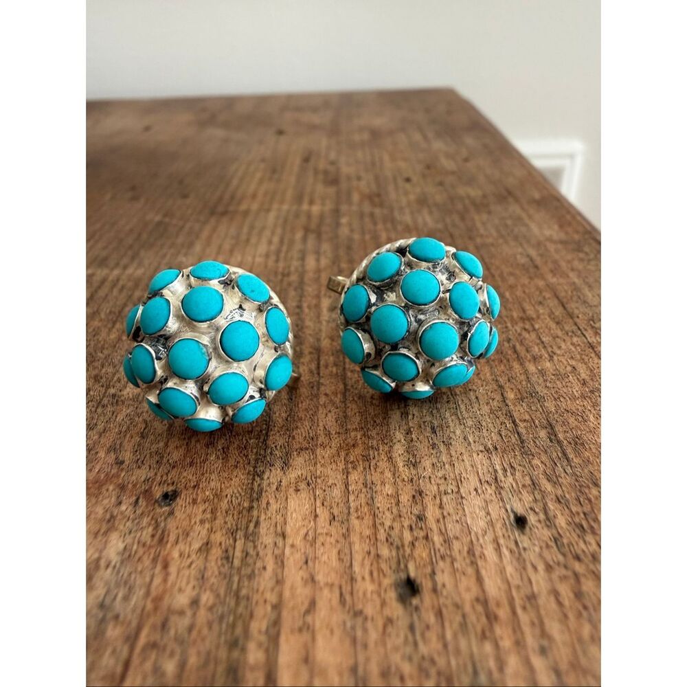 Vintage MS, Mexico c 1950s. Bold Vintage Sterling Silver Turquoise Earrings Scre